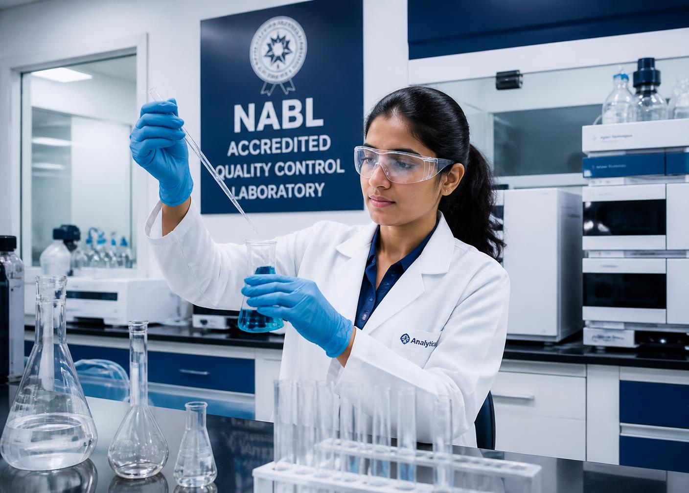 Laboratory analyst performing quality control testing on a cleaning formulation